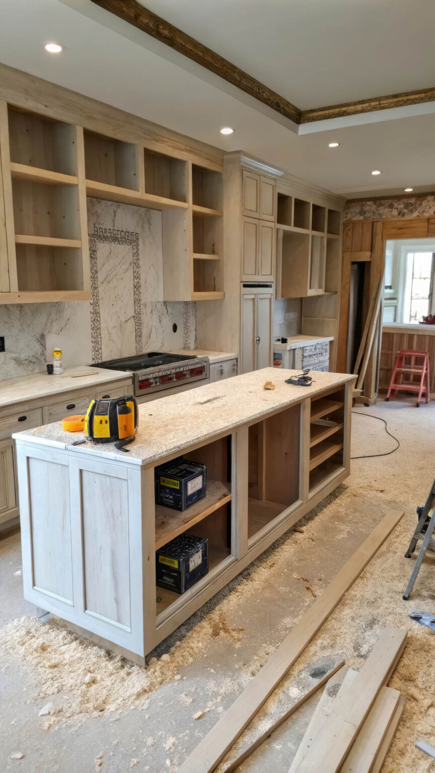 Sawdust Covers the Floor in a Half-Finished Kitchen Renovation P